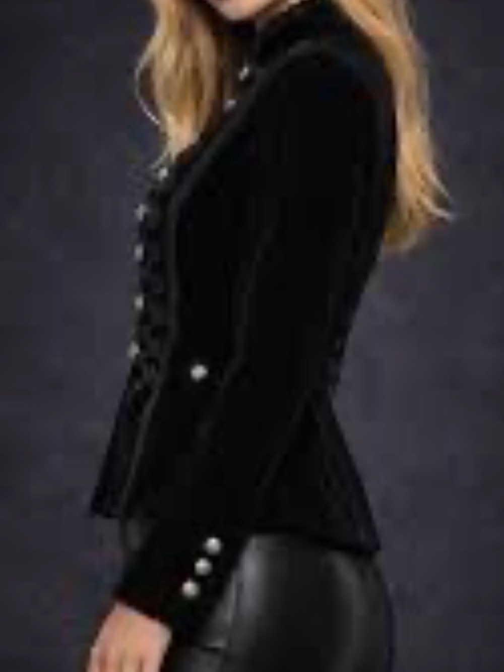 Velvet Military Peplum Jacket Black Mandarin Collar Silver Button Women Large